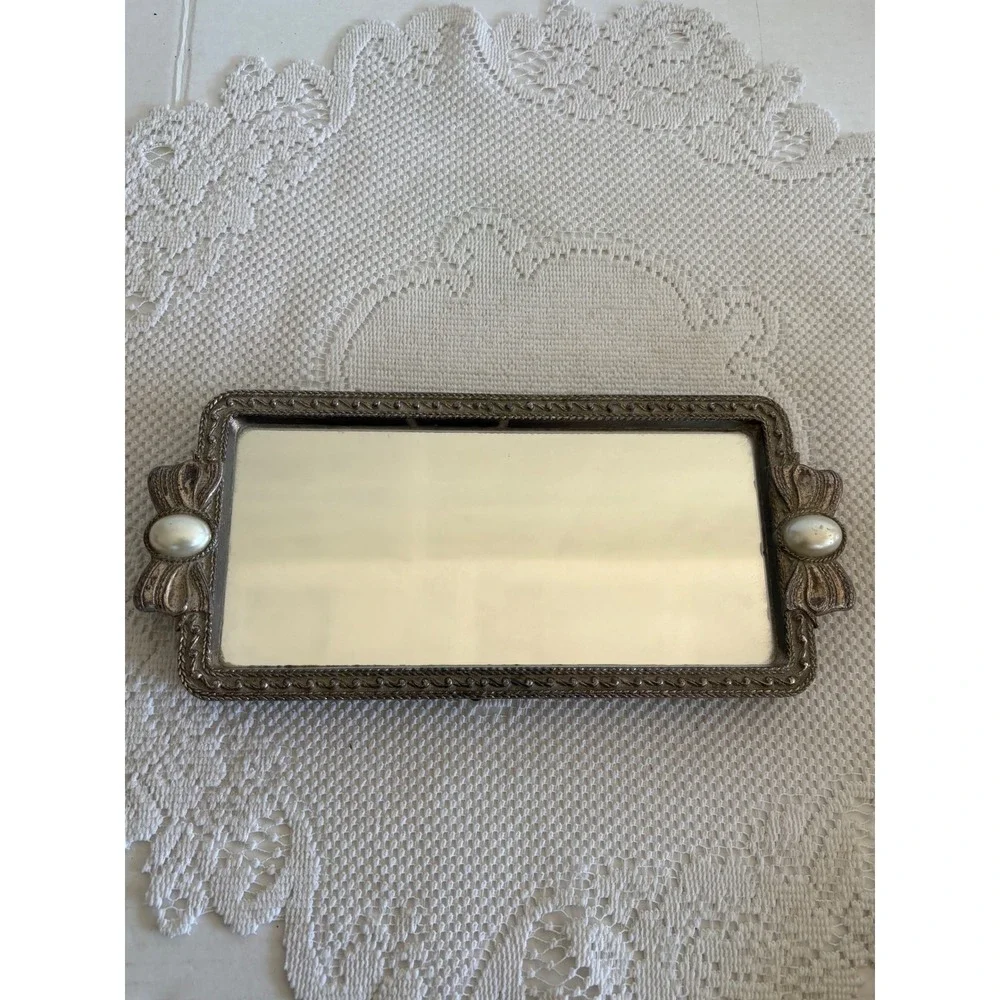 Vintage Mirrored Vanity Tray Silver Tone Faux Pearl Bow Accent Hollywood Regency